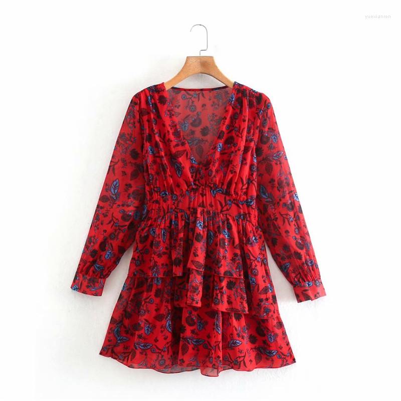 

Casual Dresses DA Spring Women Ruffled Print Red Mini Dress Long Sleeve Elegant Chic Flounced Hem Interior Lining Vestido Party Woman