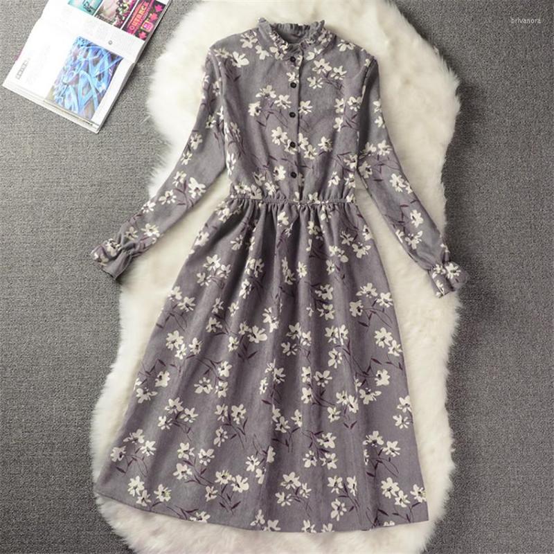 

Casual Dresses Autumn Vintage All-match Long Sleeve Thick Women Print Corduroy Dress Slim Girl Midi Lady Vestidos Bottoms WZ135, Gray