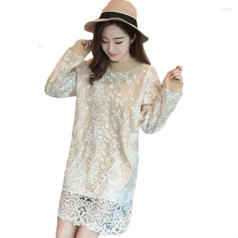

Casual Dresses Autumn Winter Fashion Women Lace Knitted Dress Slim Elegant Knit Sweater Lady Thick Velet Pullovers Bottoming WZ143, Khaki