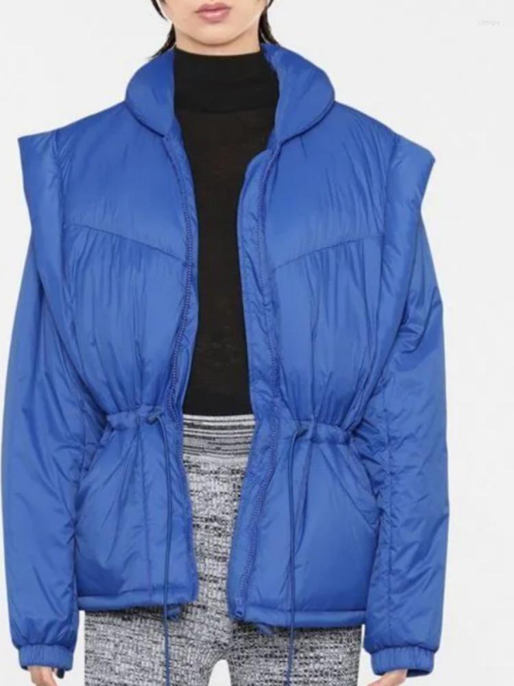 

Women' Trench Coats 2023 French Winter Parkas Blue Zipper Waist Slim Lapel Removable Sleeve Vest Jacket Women Cotton Coat