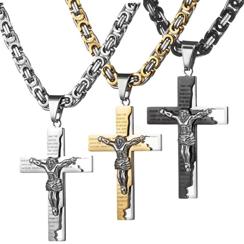 

Pendant Necklaces 316L Stainless Steel Silver Gold Black Color Jesus Cross Pendnt Necklace Byzantine Chain For Men Jewelry Gift