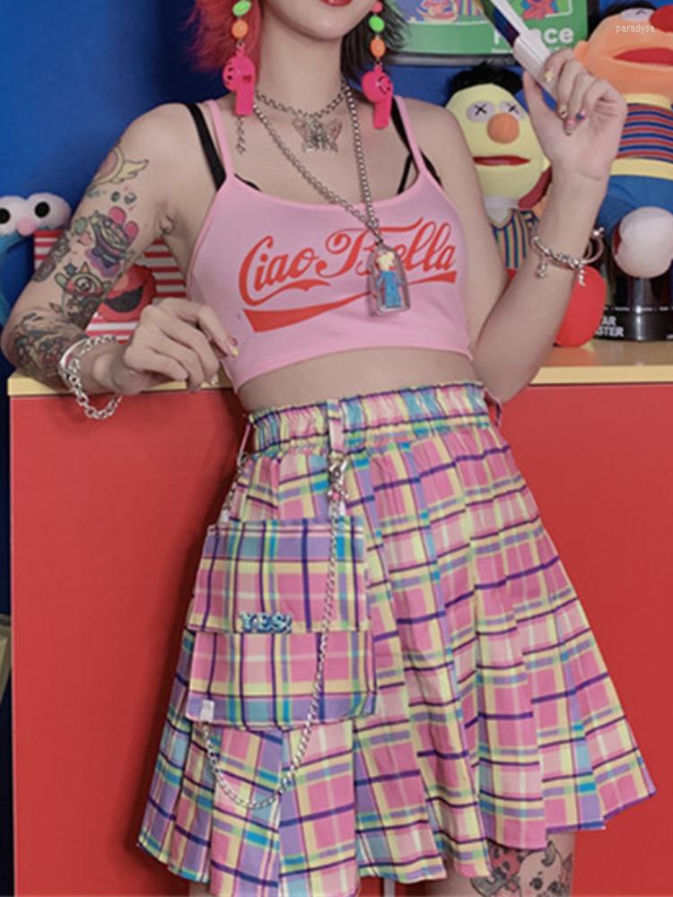 

Skirts Vintage Harajuku Colorful Plaid Pleated Female High Waist Sexy With Chain Streetwear Fashion Party Cosplay