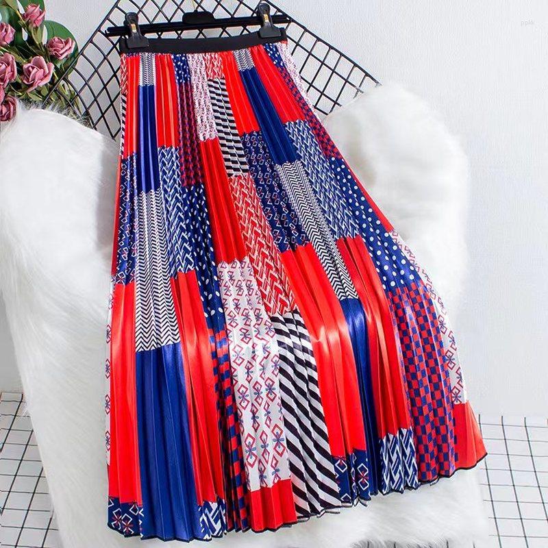 

Skirts 2023 High Waist Stretchy Midi Skirt Summer Pleated Satin Womens Vintage Indie Folk Striped Printed Party Holiday Rok, Skirt red