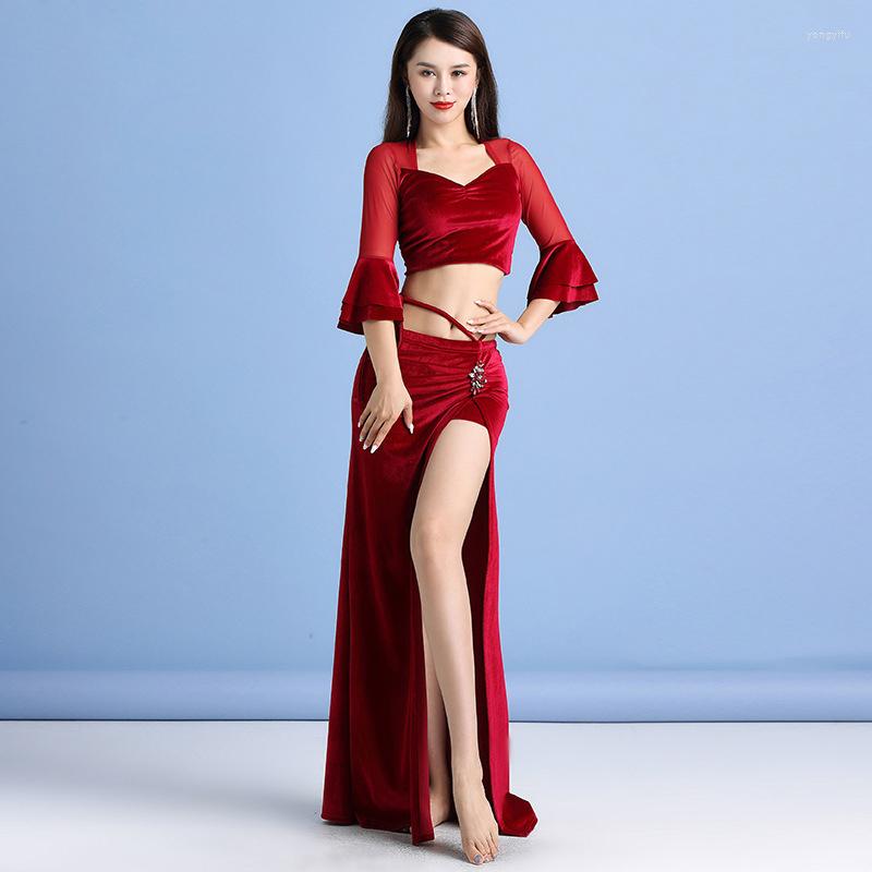 

Stage Wear Horn Sleeves Autumn Winter Women Dance Elegant Outfit Belly Velvet Costume Set 3 Pieces (Top Skirt And Underpants), Black regular sleeve