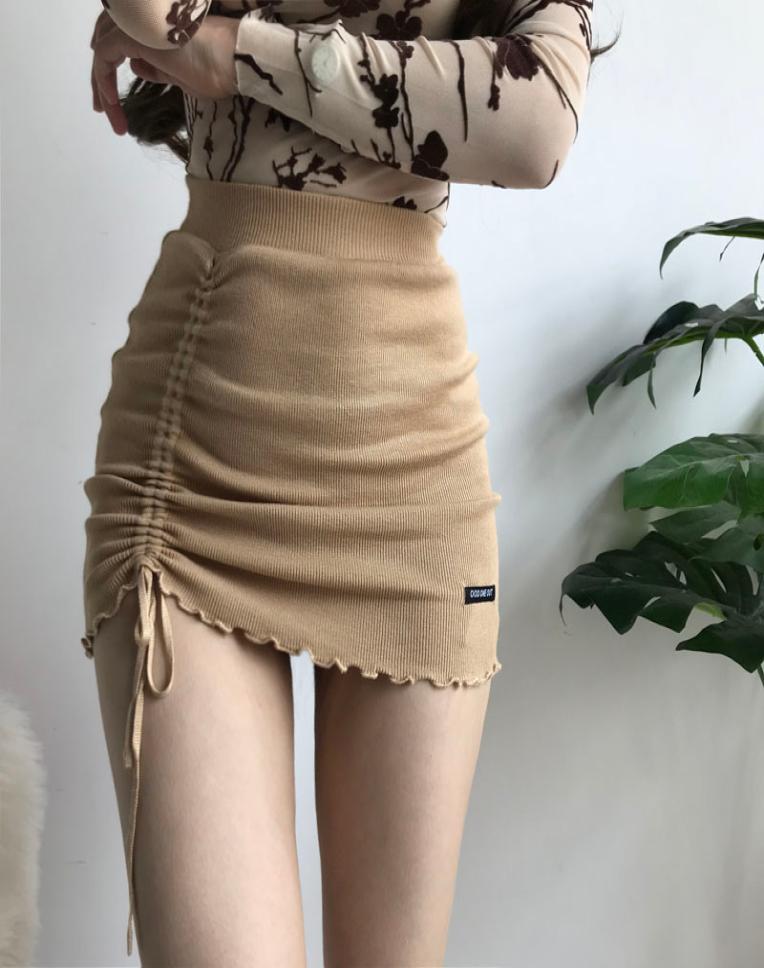 

XIBANI Irregular high waist elastic short skirt tight package hip side drawcord knitted mini skirt sexy fashion street 2011115142422, Khaki