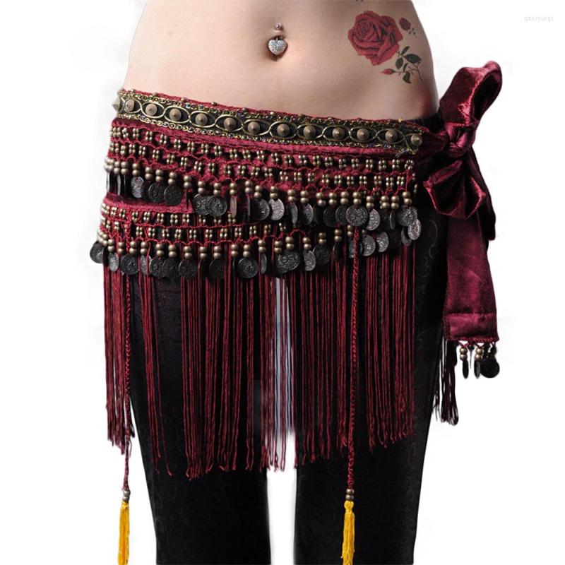 

Stage Wear Tribal Belly Dance Clothing Accessories 3 Colors Velvet Tassel Hip Scarf Fringe Women Coin Belts, Coffee