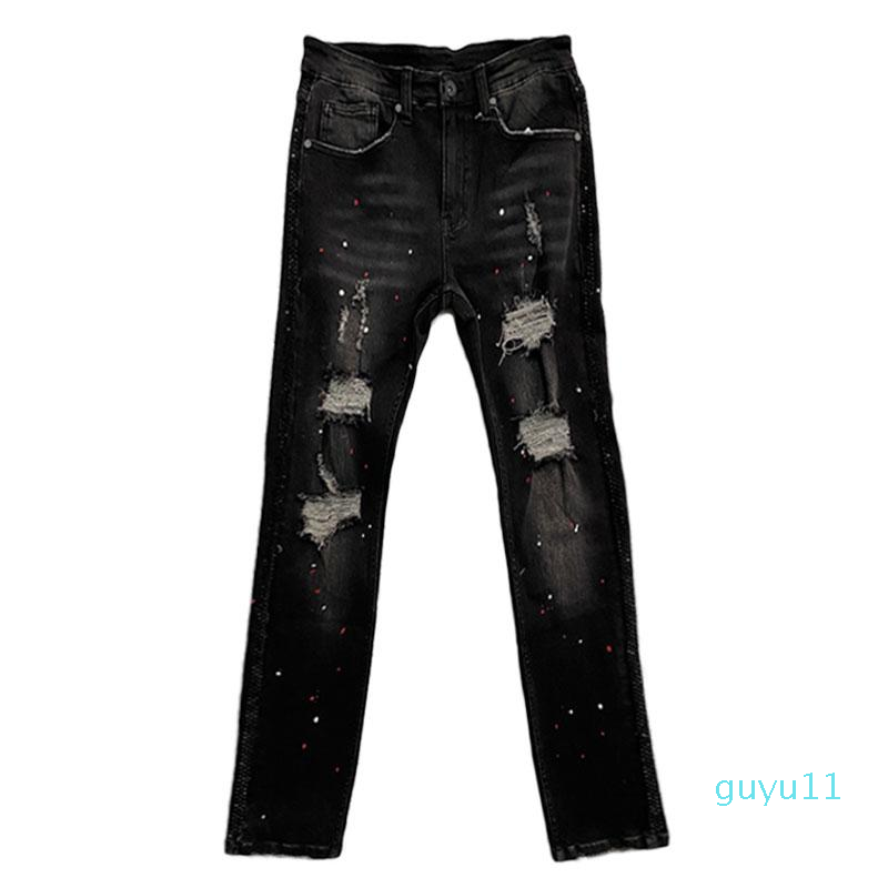 

Slim men' jeans European and American high-end smoke grey hole heavy craft wash, Black