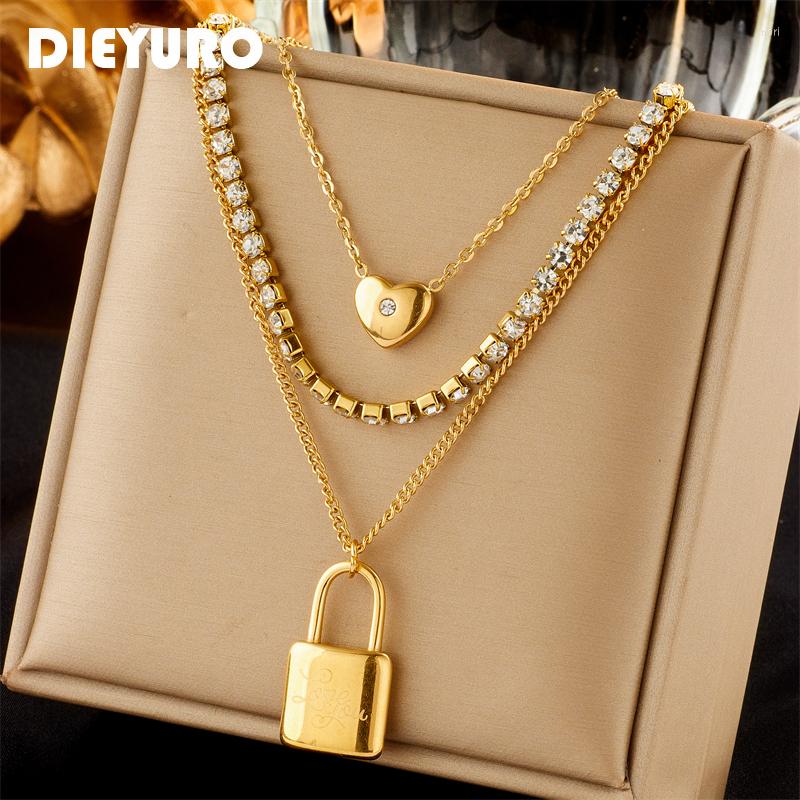 

Pendant Necklaces DIEYURO 316L Stainless Steel Large Lock Necklace For Women Luxury 3in1 Zircon Crystal Chains Jewelry Birthday Gifts