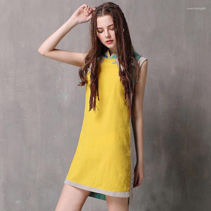 

Ethnic Clothing Summer Dress 2023 Cotton Linen Women Dresses Qipao Mandarin Collar Sleeveless Cheongsam Vest Vintage Sundress Yellow