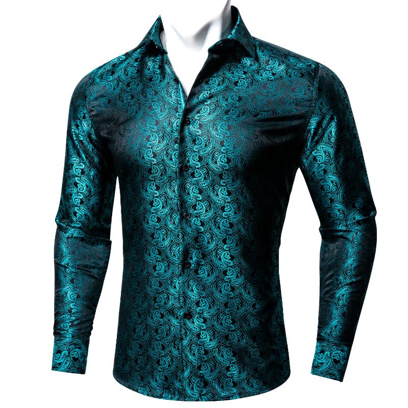 

Men's Dress Shirts Barry.Wang Teal Blue Paisley Bright Silk Men Autumn Long Sleeve Casual Flower For Designer Fit ShirtsMen's, Bc-0005