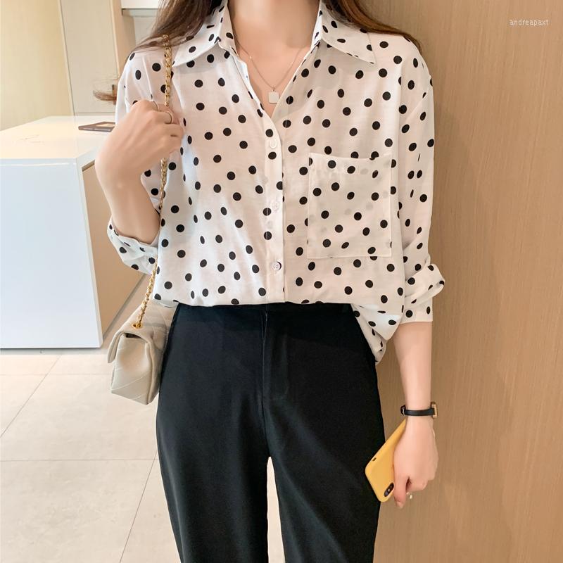 

Women' Blouses Chikichi Hong Kong Style Blouse For Women Autumn Lapel Polka Dot Chiffon Shirt Cardigan Basic Ladies Tops, Color