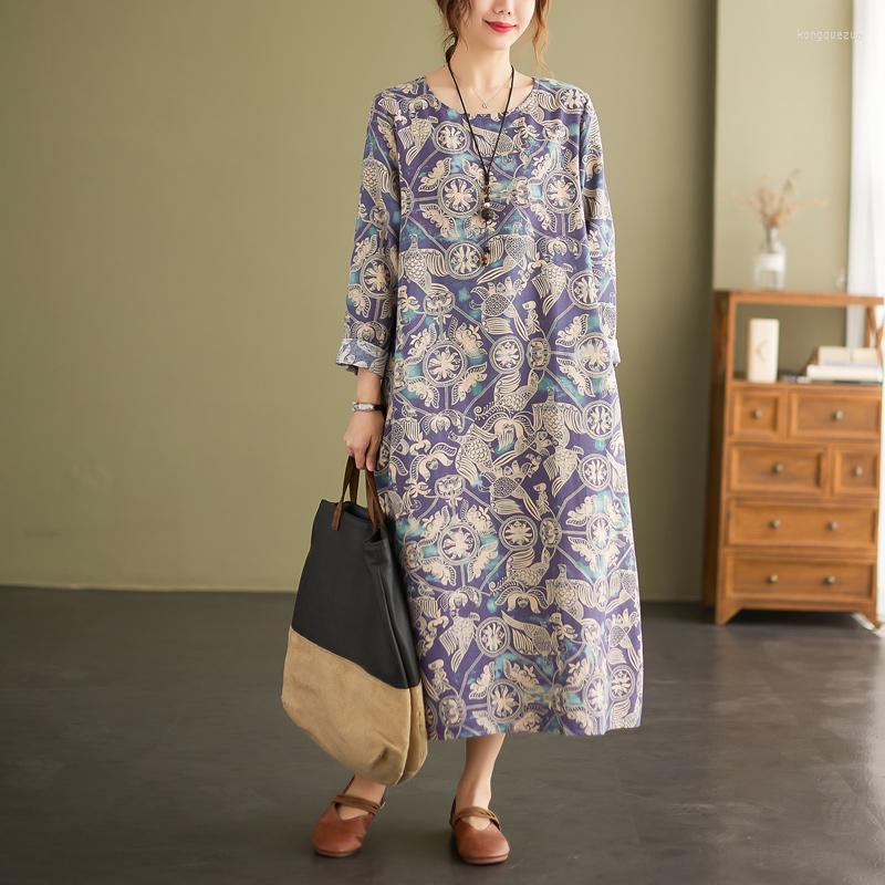 

Casual Dresses Uego Long Sleeve Spring Dress Cotton Linen Print Floral Vintage Office Lady Work Loose Women Midi Autumn, Picture shown