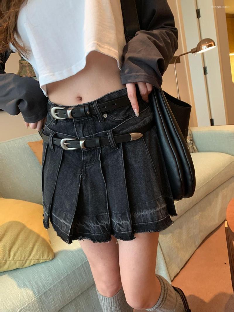 

Skirts 2023SS Summer Luxury Fashion Women Double Belts Mini Pleated Denim Skirt For Female Gdnz 2.12, Black