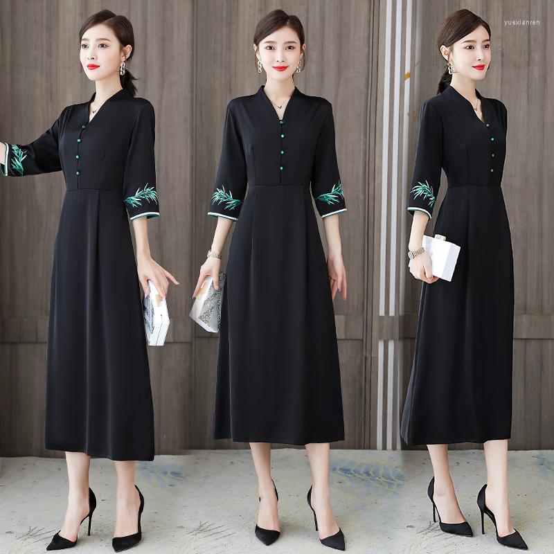 

Casual Dresses Spring Chinese Style Dress For Women Long Young Lady Full Sleeved Elegant Fashion V-neck Over The Knee Loose Autumn, Black
