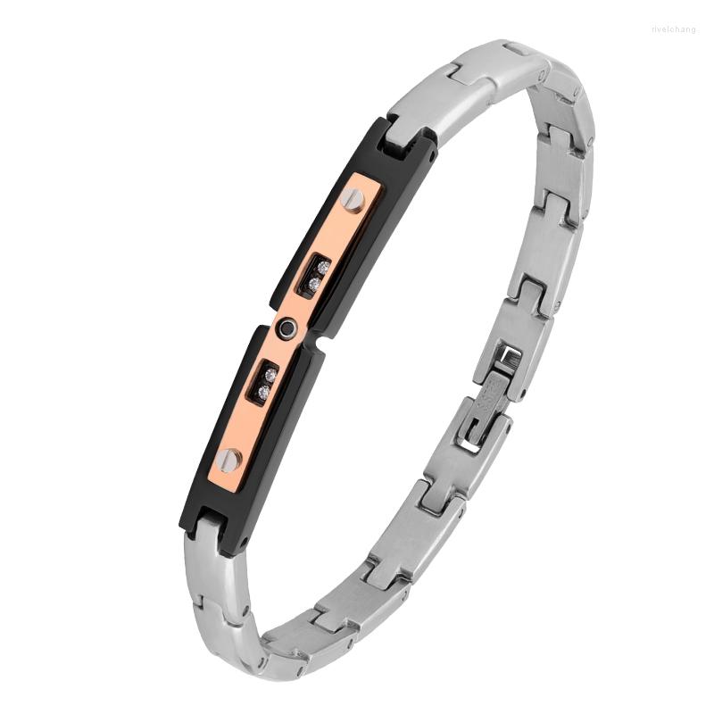 

Charm Bracelets Moocare Steel Color Chain Black Curved Rose Gold Inlaid White Zircon Men's Stainless Bracelet