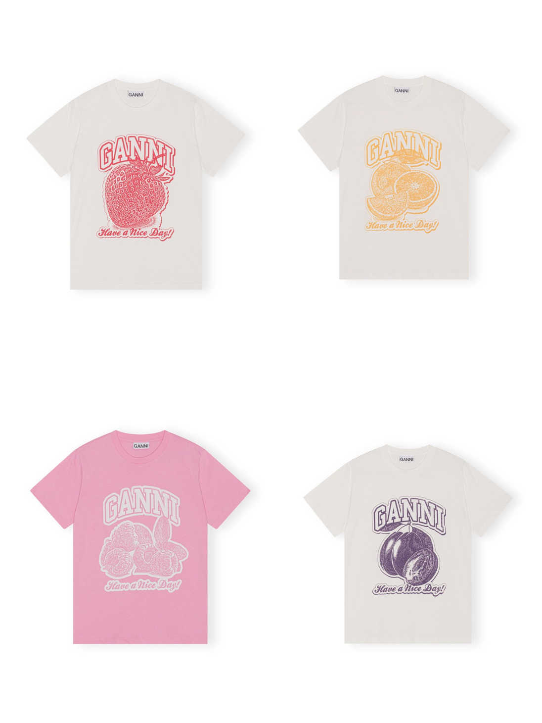 

Ganni 2023 Women Designer T shirt printed Fashion Tops short-sleeved Tees, Egret plums