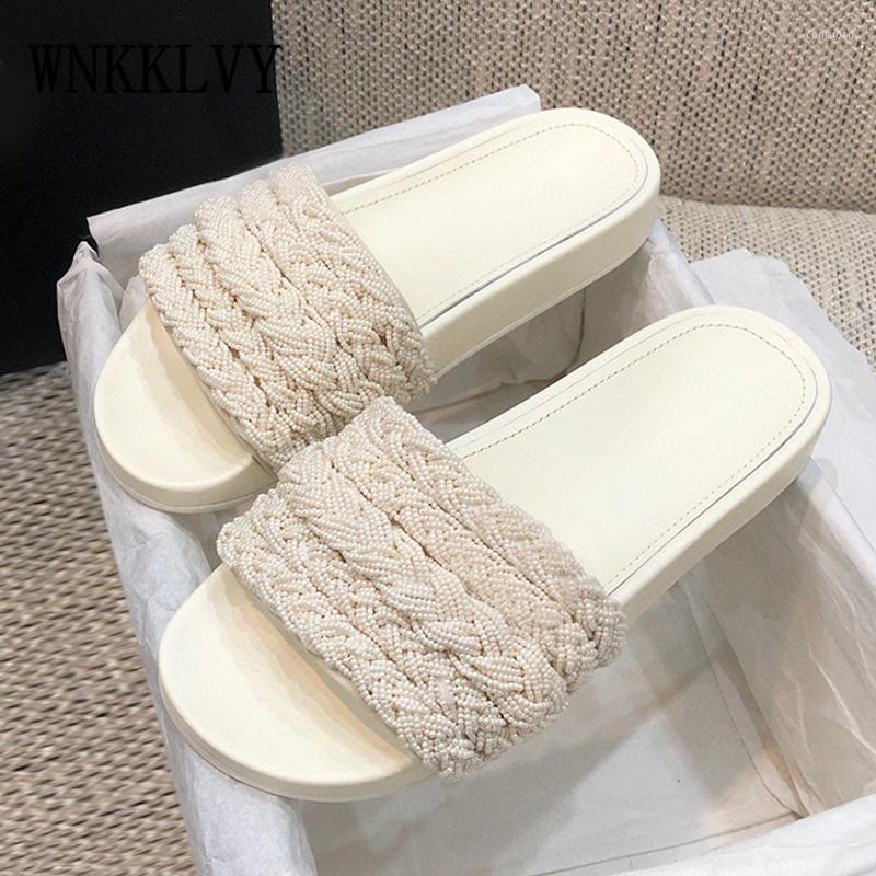 

Slippers Spring Platform Flat Thick Sole Open Toe Women Beaded Decoration Shallow Mouth Comfort Outdoor Fashion Casual Shoes, White