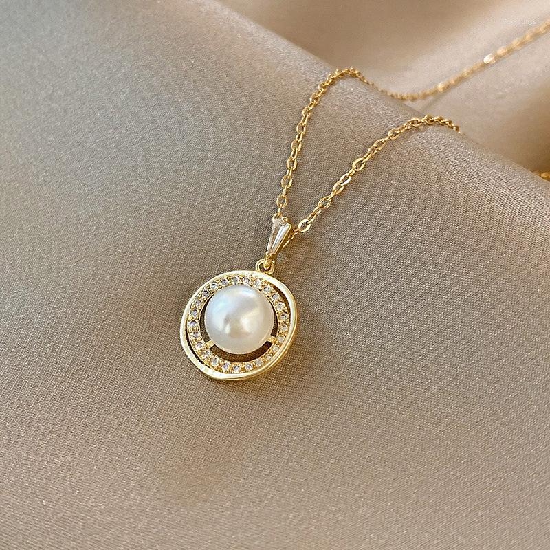 

Chains Lovelink Fashion Round Metal Zircon Pearl Pendant Necklace Sweet Gold Color Chain Women Party Jewelry Girl Gift