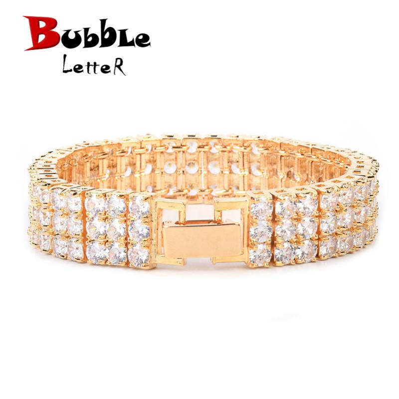 

Link Bracelets Row Zircon Bracelet Tennis Chain Men's Hip Hop Jewelry Copper Material Gold Color Box Clasp CZ Bangle 17.5cm