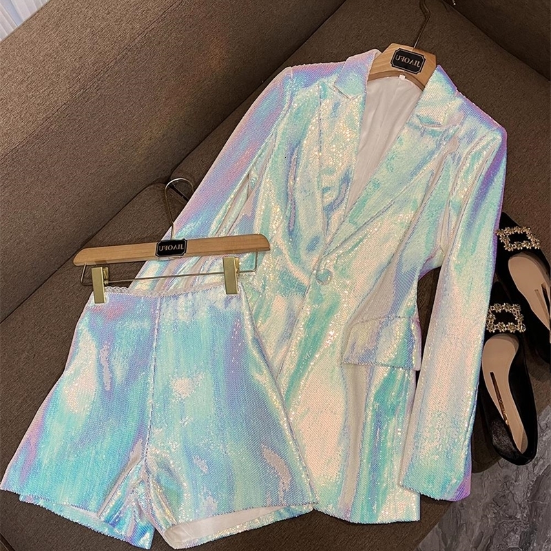 

Womens Two Piece Pants Brand Sequins Cloth For Women Long Sleeve Single Button Casual Shorts Suit Lady Fashion 2Pcs 230316, White