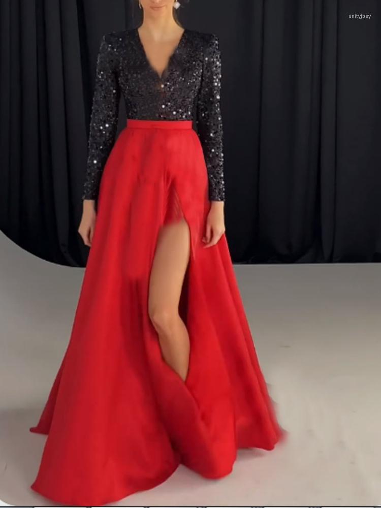 

Casual Dresses Mandylandy Women Sexy Sequins Evening Wedding Dress Fashion Female Elegant Long Sleeve V Neck High Waist Corset Slit, Red