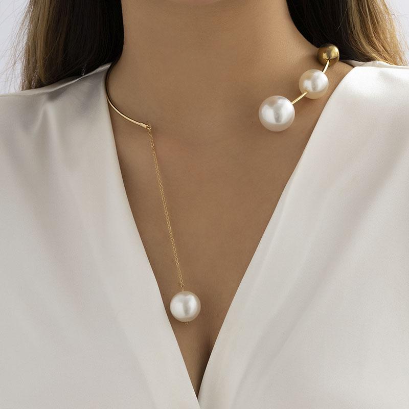 

Pendant Necklaces Geometric Simple Round Bead Opening Adjustable Metal Collar Cold Wind Imitation Pearl Necklace For Women Boho Jewelry Gift