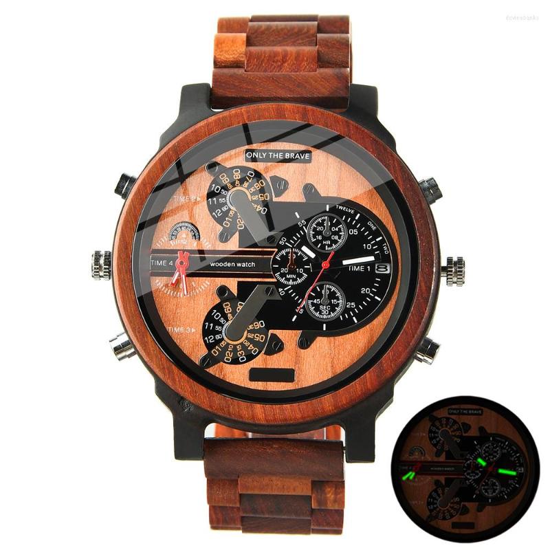 

Wristwatches Large Woods Watch Dial Mens Watches Dual Time Zone Wooden For Men Chronograph Sport Wood Man, Brown