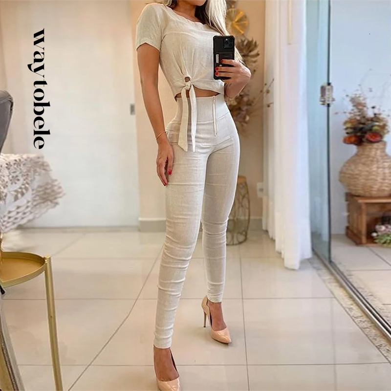 

Women s Two Piece Pants Waytobele Women Set Summer Casual Solid Round Neck Lace Up Short Sleeve Top Sim With Pockets Sets Streetwear 230317, Picture color