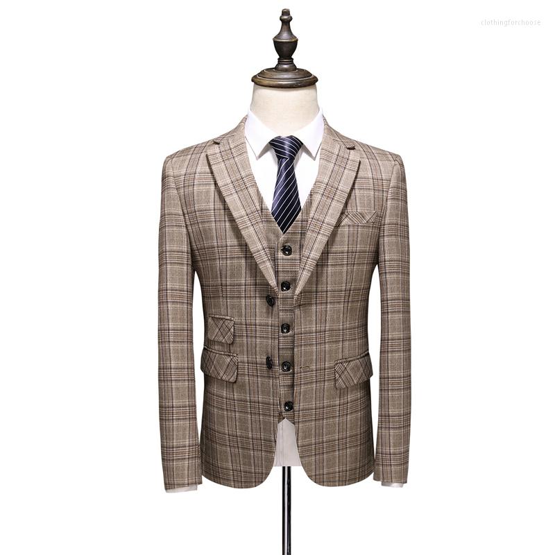 

Men's Suits Spring And Autumn Men Business Suit Luxury Three-piece Men's Single Breasted Plaid Gorgeous Leisure, Khaki