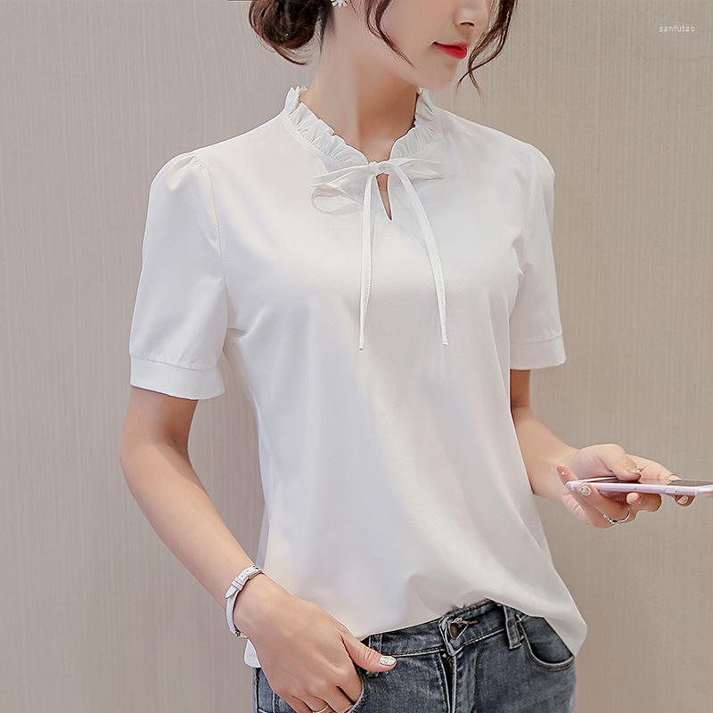 

Women' Blouses Women Chiffon Blouse Shirt White Pink Blue Summer Autumn Short Sleeve Casual Female Tops