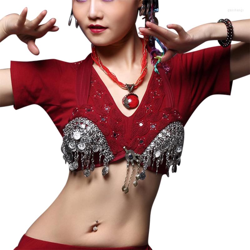 

Stage Wear Tribal Belly Dance Bra Silver Chain Tassel Metallic Studs Push Up Sequin C/D CUP Vintage Coins Gypsy Tops, Red choli
