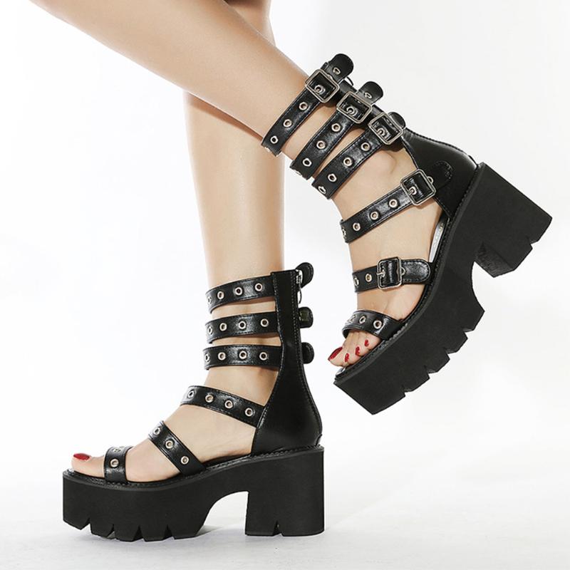 

Sandals Rome Gladiator Women Peep Toe Block Heel Platform Ladies Summer Black Gothic Creepers Female Flats Shoe Size 43
