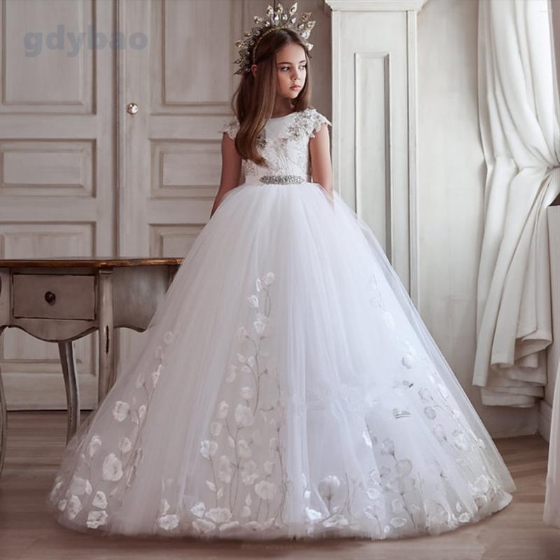 

Girl Dresses Flower Fluffy Skirt Decorated With Vertical Stripes Of Delicate Lace A Floral Pattern Wedding, All white