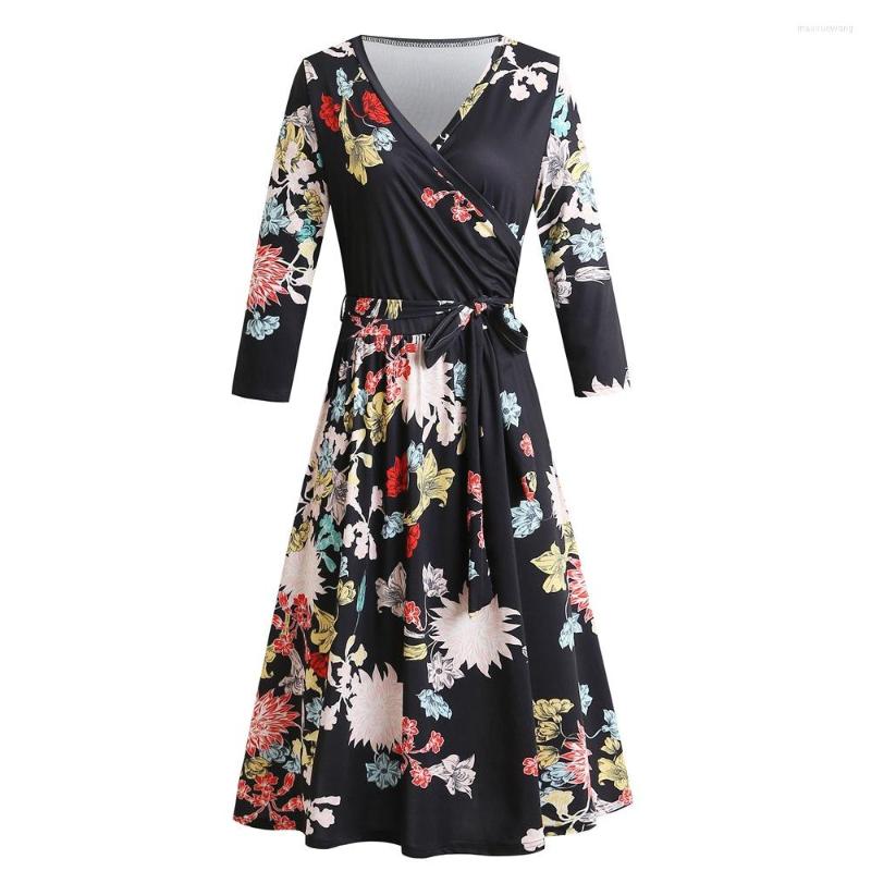 

Casual Dresses Spring Dress Seven-point Sleeve Breast-wrapped Waist Elegant Green Printed Knit In Stock, Tibetan blue