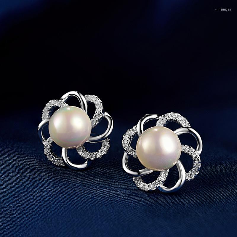 

Stud Earrings 925 Sterling Silver Pearl Earring Hollow Flowers Interval Crystal For Women Girl Wedding Party Jewelry Gift
