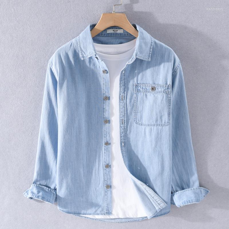 

Men's Casual Shirts 2023 Spring Men's Thin Denim Jacket Japanese Simple Long Sleeve Cotton Jean Male High-end Brand Blue Slim Tops, Light blue