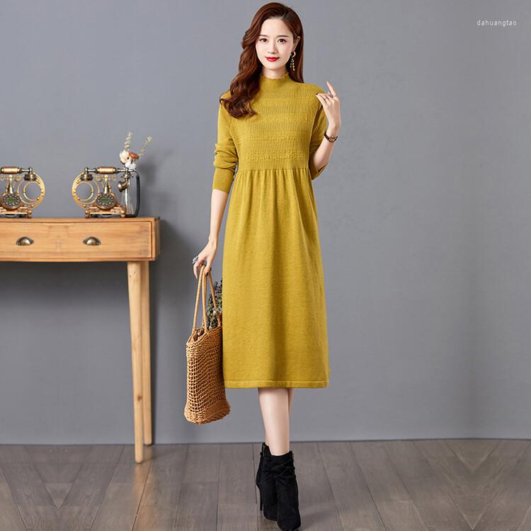 

Casual Dresses Women Knitted Dress 2023 Woman Autumn Winter Turtleneck Solid Warm, Black