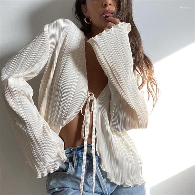 

Women' Blouses Clothland Women Stylish Lace Up Blouse V Neck Pleated Long Sleeve Shirt White Mint Cute Spring Sexy Tops Blusa Mujer LA693, Beige