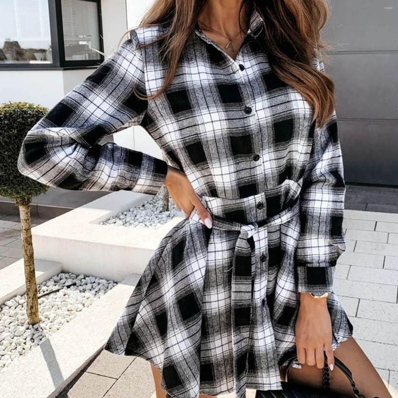 

Casual Dresses Plaid Shirt Dress Womens Long Sleeve High Waist Loose Slim Button Office Ladies With Belt Elegant Autumn Swing Vestidos, Beige