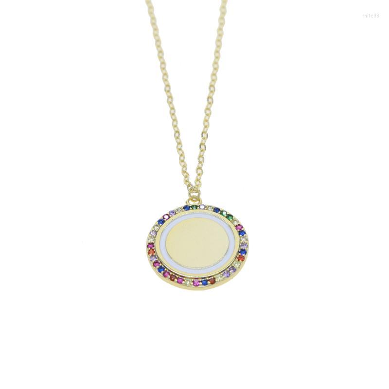 

Pendant Necklaces Gold Color Coin Necklace Geometric Round Disco Disk Engraved Cz Rainbow Colorful Charm Classic Fashion JewelryPendant