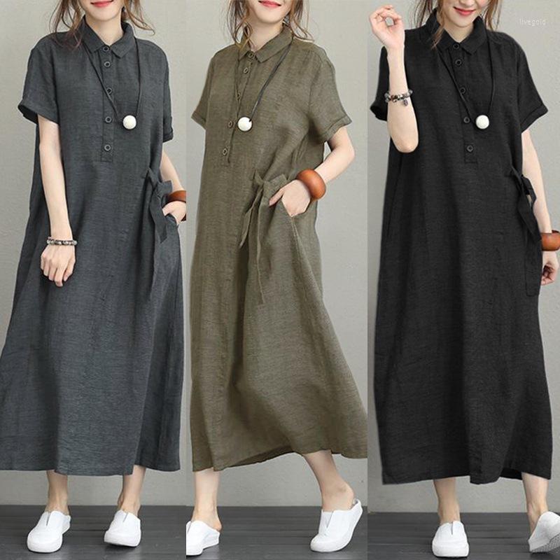 

Party Dresses Women Cotton Linen Pocket Dress Korean O-Neck Short Sleeve Loose Solid Midi AQJ-01, Random color