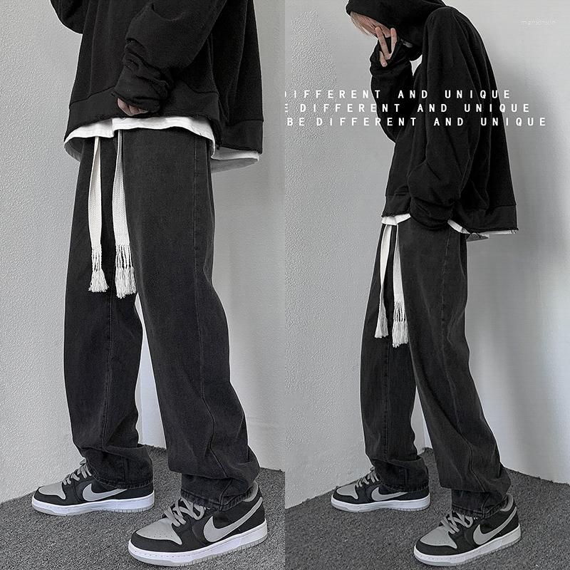 

Men's Jeans Korean-style Drawstring Wide Leg Jean Pants Autumn Streetwear Baggy Men Fashion Loose Straight Trousers Male Black/Blue