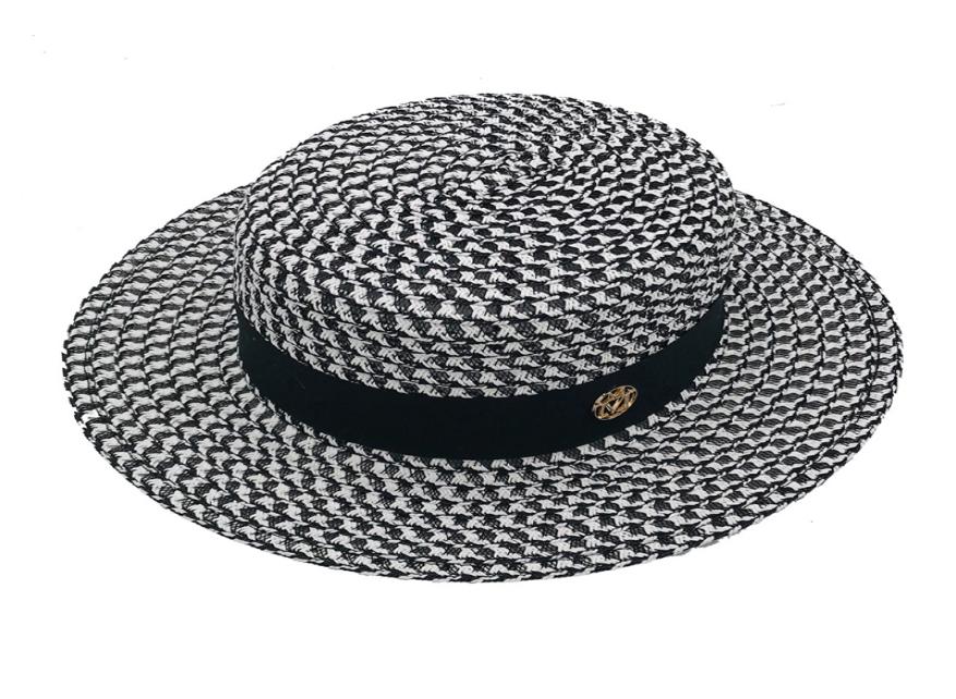 

Highgrade Summer Black White Plaid Wide Brim Flat Top Boater Hat Spring Women Grass Braid Sun Hat Party Wedding Formal Cap4189673, Black m