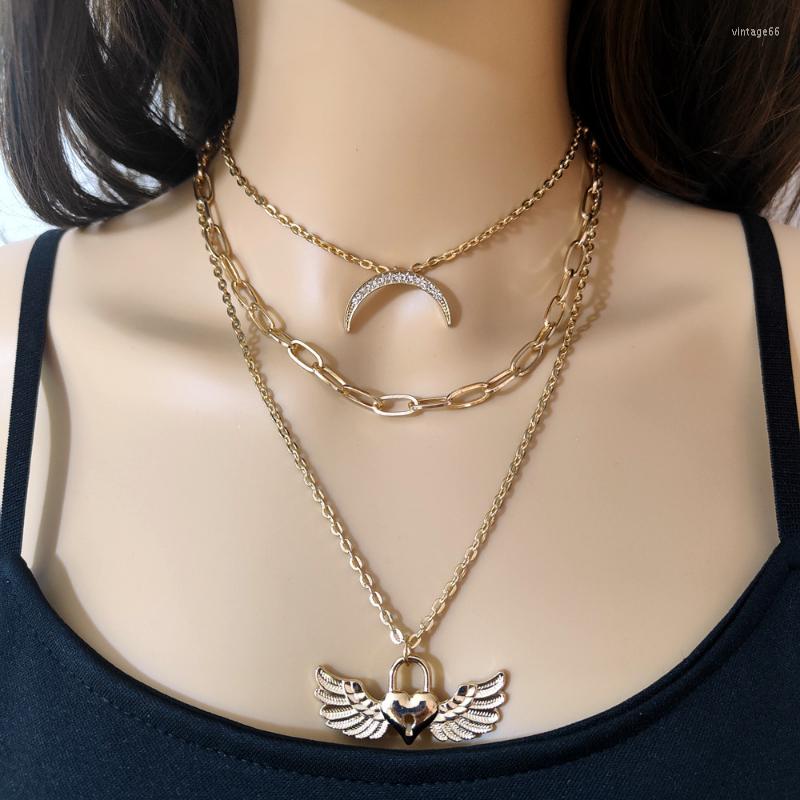 

Chains Vintage Metal Heart-shaped Wing Pendant Long Layered Necklace Fashion Rhinestone Crescent Accessories