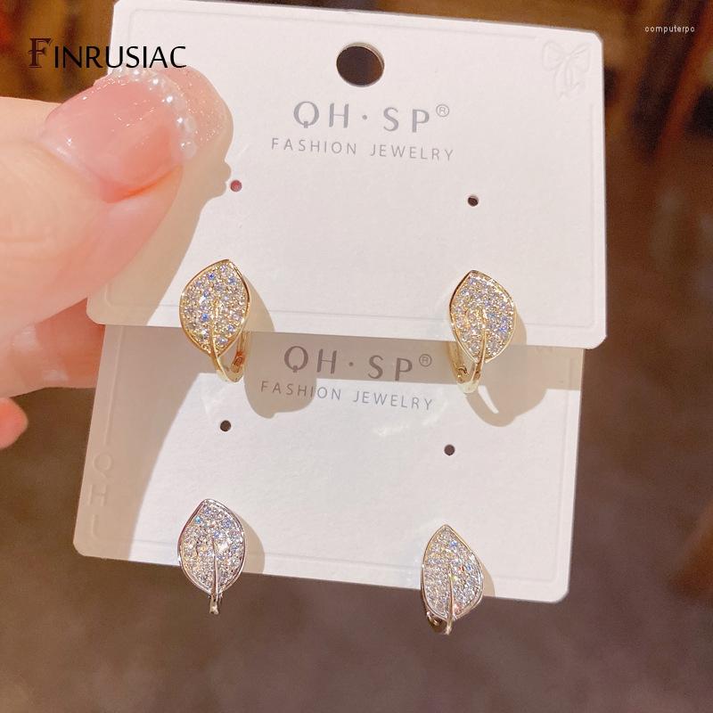 

Hoop Earrings Delicate Slightly Inlaid With Zircon Leaf Ear Buckle Female 14k Real Gold Plated Luxury Threader Earring For Women