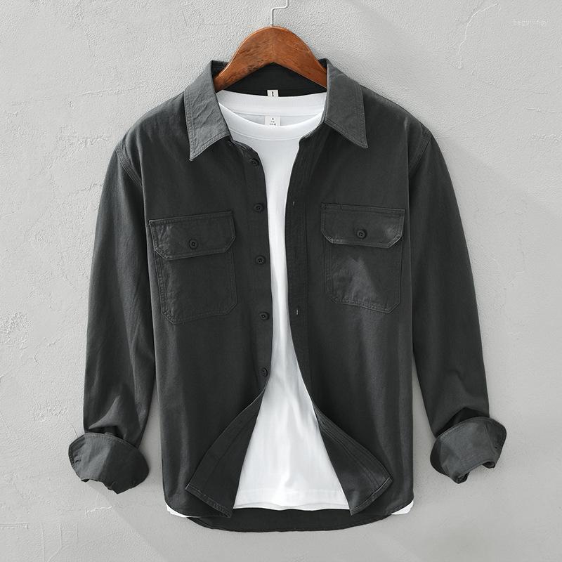

Men's Casual Shirts Japanese Fresh Square Neck Cotton Shirt 2023 Spring Autumn Men's Loose Tooling Male High-end Brand All-match Tops, Gray