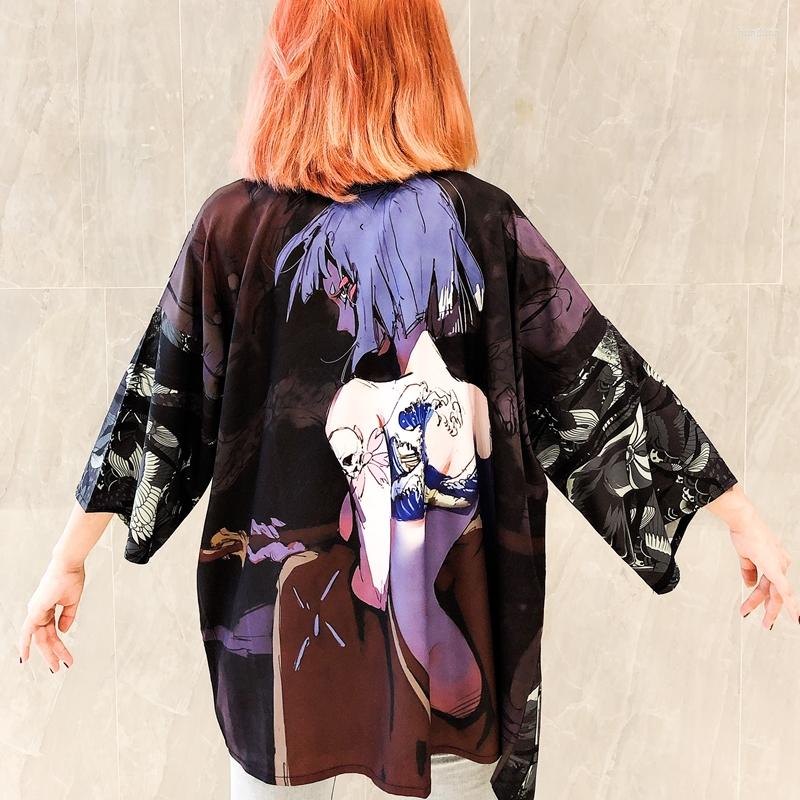 

Women's Blouses Japanese Streetwear Kimono Cardigan Fashion Clothes Tops For Women Blouse Shirt Harajuku Style Haori Obi 3016, Black
