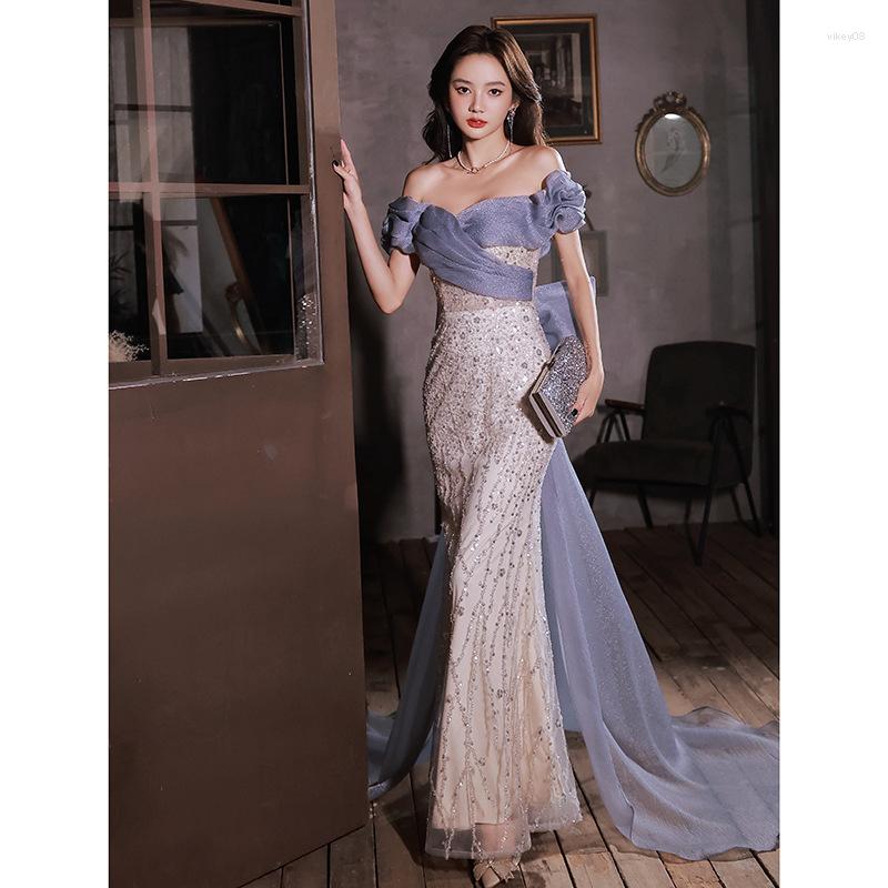 

Casual Dresses Sexy Slash Neck Sleeveless Sequins Back Bow Trailing Mermaid Gowns Oriental Party Banquet Female Stage Show Cheongsam, Style 1