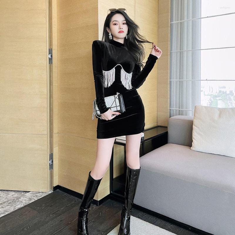 

Casual Dresses Sexy Velvet Long Sleeve Black Mini Evening Dress Ladies Autumn Winter Slim Tassel Elegant For Women 2023 Vestidos Mujer