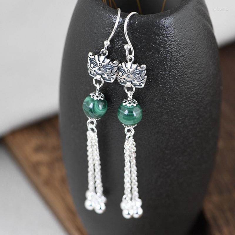 

Dangle Earrings FNJ Malachite Taoti Tassel 925 Silver Original Pure S925 Sterling Drop Earring For Women Jewelry Vintage